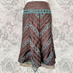 Brown Teal Whimsigoth Boho Maxi Lace Women's Small Festival Fall A-line Skirt